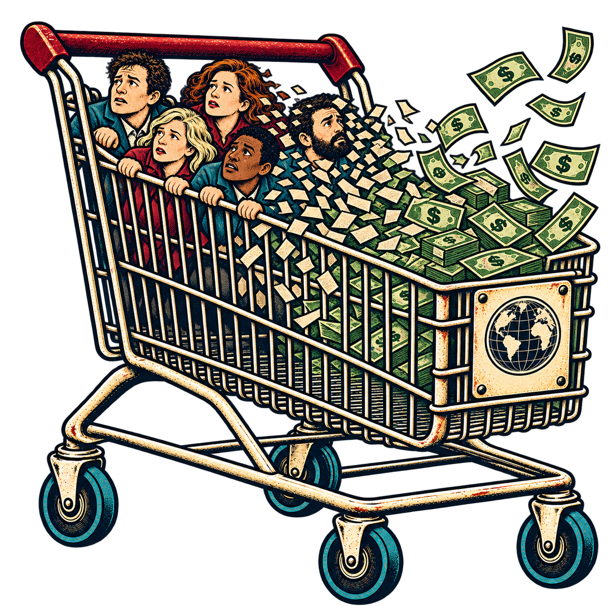 A shopping cart packed with people, fluttering paperwork, and flying cash on a black field