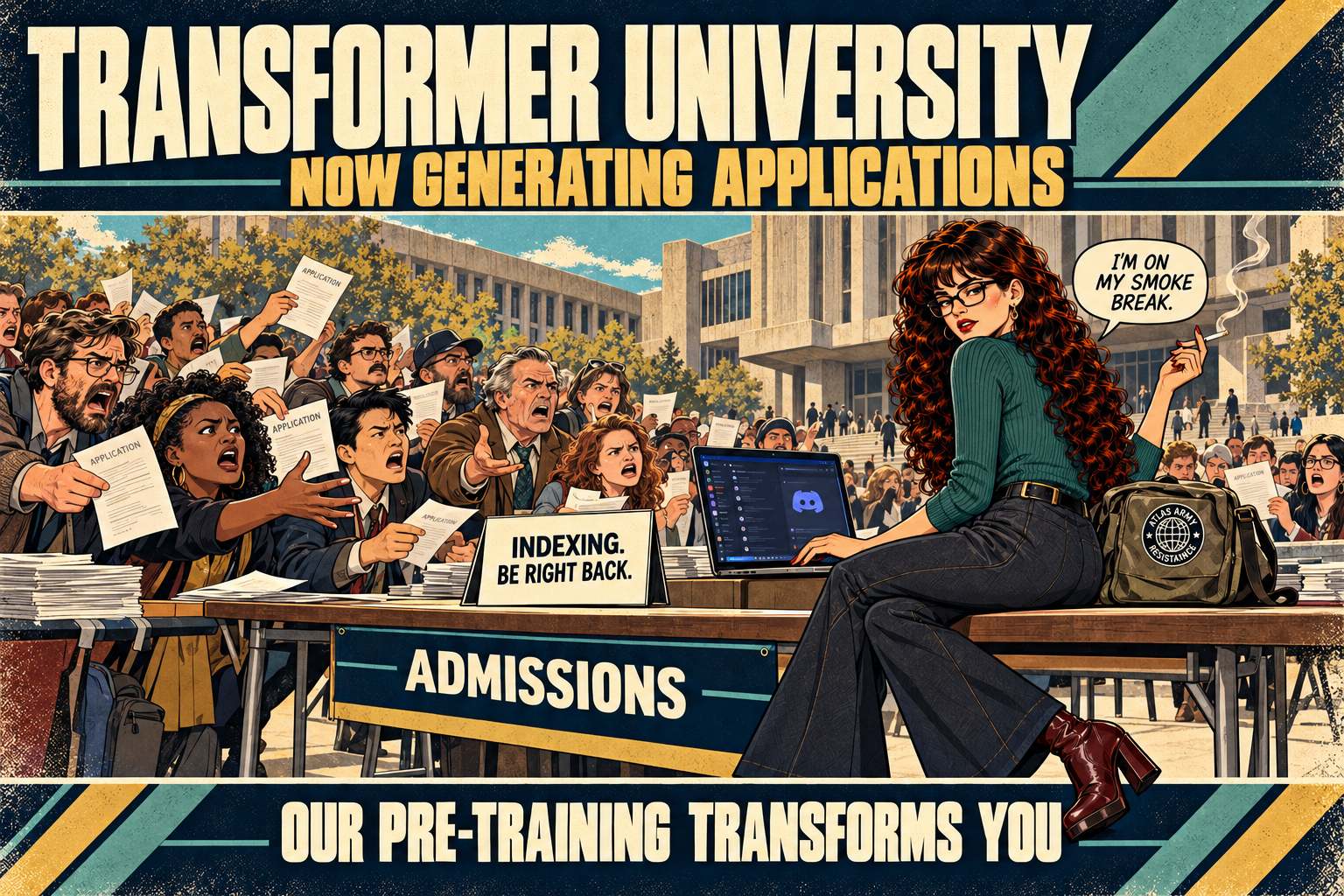Transformer University admissions desk buried in applications, an attendant ignoring the line at a laptop showing Discord, an Atlas Army duffel on the bench
